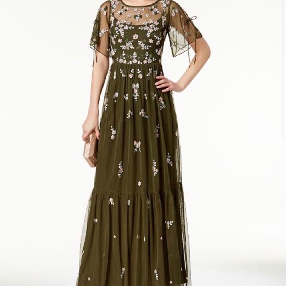 Adrianna Papell Olive Green Boho Beaded Mesh Gown- Like New!
